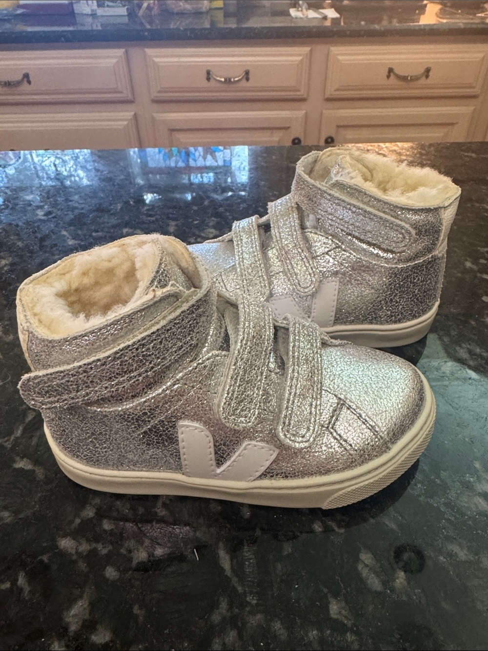 Veja Kids Metallic Silver High-Top Boots with Faux Fur